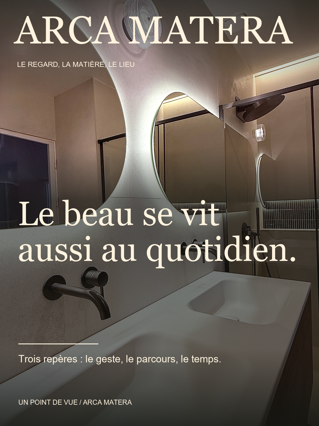 Visuel fourni dans le dossier Réalisations ARCA MATERA : courbes et reflets. Miroirs aux formes libres, lumière intégrée.