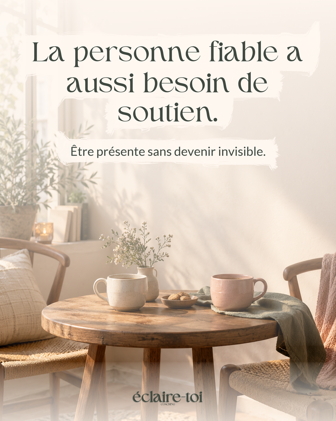 Page 1 sur 1. LinkedIn vertical 4:5, Lumière douce, Une conversation qui compte (décor illustratif généré par IA). Texte : « La personne fiable a aussi besoin de soutien. Être présente sans devenir invisible. ». Éclaire-Toi.