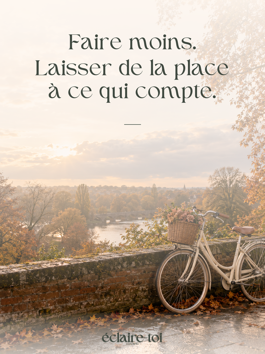 Composition Lumière douce, photographie illustrative : Faire un détour. Texte : « Faire moins. Laisser de la place à ce qui compte. » Logo officiel Éclaire-Toi. Décor illustratif généré par IA.